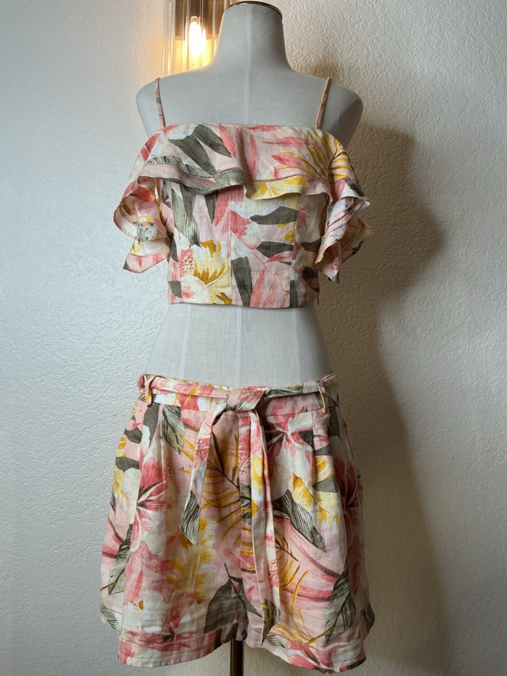 Joie Pink Yellow Green Floral Ruffle Crop Top and Shorts set,